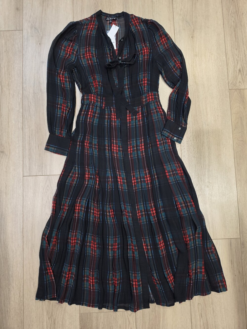 NWT J.Crew Plaid Tie Front Maxi Dress XS Holiday Tartan Long Sleeve